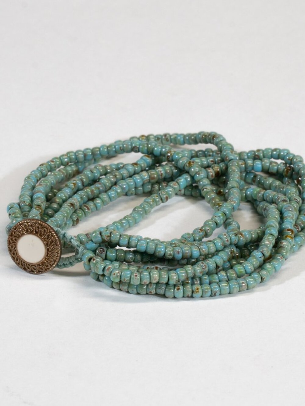 Seed Bead Multi-Strand Seafoam Green Wrap Bracelet With Button Clasp